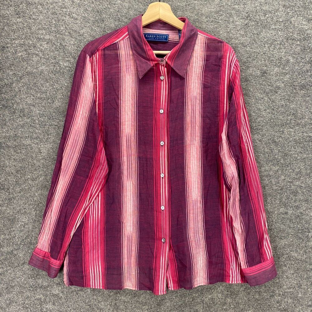 Karen Scott Shirt Women XL Pink Striped Collared Long Sleeve Button Up